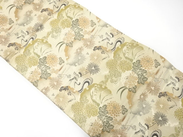 JAPANESE KIMONO / ANTIQUE MARU OBI / WOVEN CRANE & KARAMATSU & FLOWRES